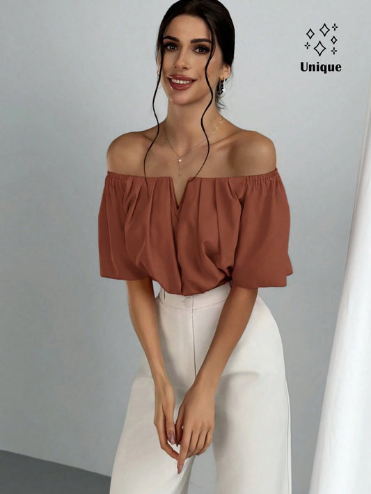Aloruh Orange Shoulder Short-Sleeved Loose Top Valentine's Date Night Celebration Off Blouse Summer Outfits Party Wedding Elegant