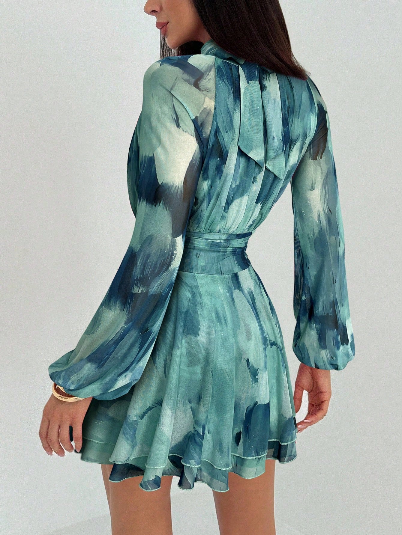 Aloruh Women's Autumn/Winter New Long Sleeve Fitted A-Line Umbrella Dress, Young Casual Wear, Purple Tie Dye Mesh Print Stand Collar Waist
