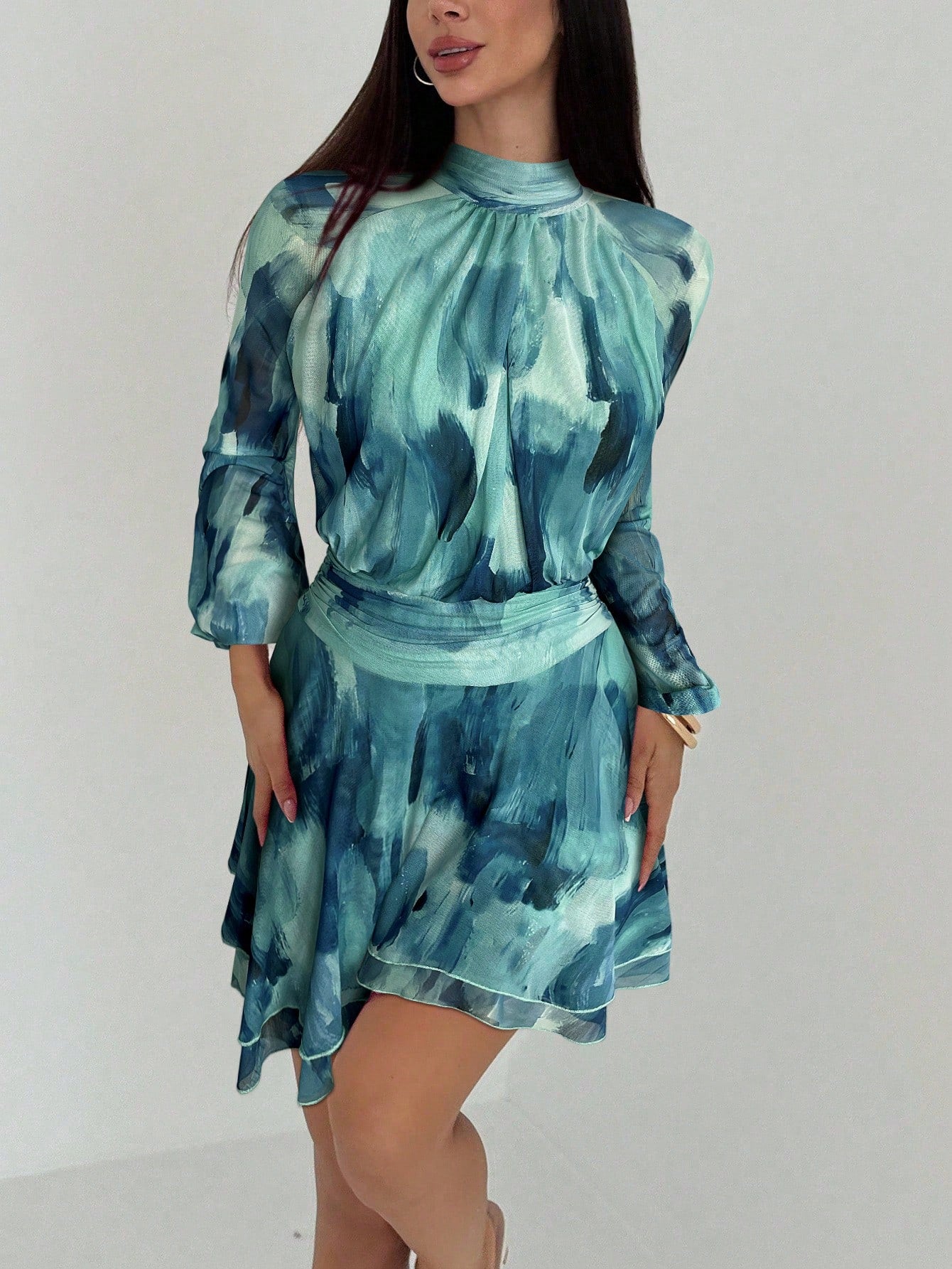 Aloruh Women's Autumn/Winter New Long Sleeve Fitted A-Line Umbrella Dress, Young Casual Wear, Purple Tie Dye Mesh Print Stand Collar Waist