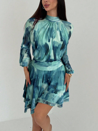 Aloruh Women's Autumn/Winter New Long Sleeve Fitted A-Line Umbrella Dress, Young Casual Wear, Purple Tie Dye Mesh Print Stand Collar Waist