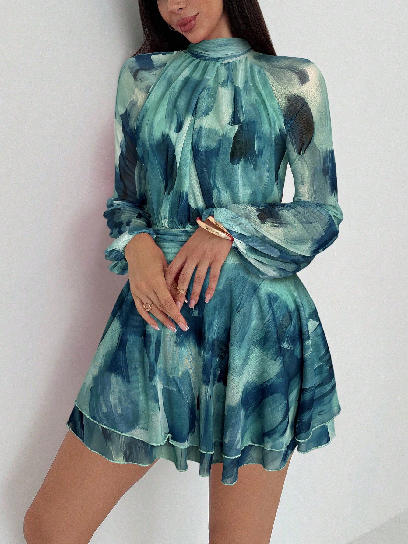 Aloruh Women's Autumn/Winter New Long Sleeve Fitted A-Line Umbrella Dress, Young Casual Wear, Purple Tie Dye Mesh Print Stand Collar Waist