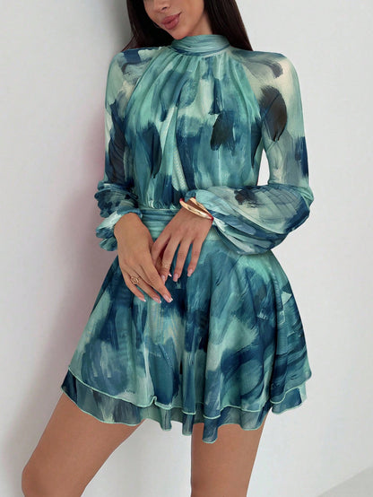 Aloruh Women's Autumn/Winter New Long Sleeve Fitted A-Line Umbrella Dress, Young Casual Wear, Purple Tie Dye Mesh Print Stand Collar Waist