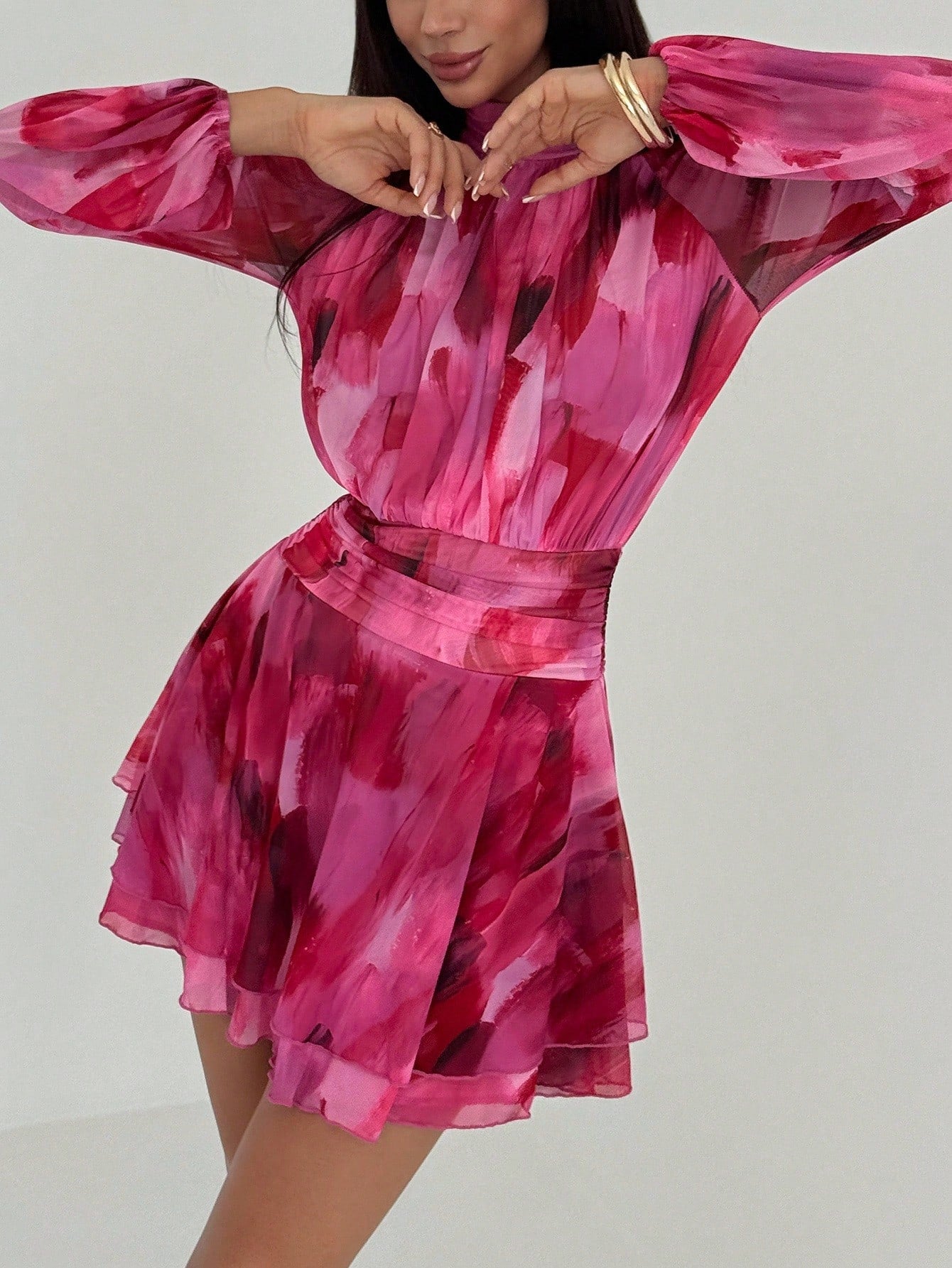 Aloruh Women's Autumn/Winter New Long Sleeve Fitted A-Line Umbrella Dress, Young Casual Wear, Purple Tie Dye Mesh Print Stand Collar Waist