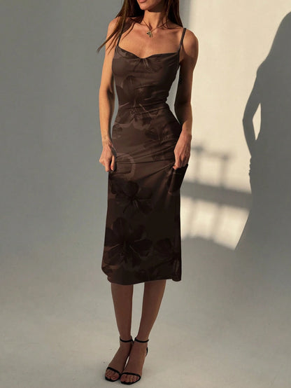 Aloruh Women's Elegant Sexy Brown Floral Hibiscus Print Spaghetti Strap Draped Neck Fitted Mermaid Maxi Dress, Vacation Autumn Holiday Outfit, Beach