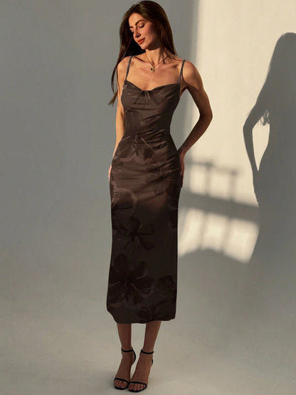 Aloruh Women's Elegant Sexy Brown Floral Hibiscus Print Spaghetti Strap Draped Neck Fitted Mermaid Maxi Dress, Vacation Autumn Holiday Outfit, Beach