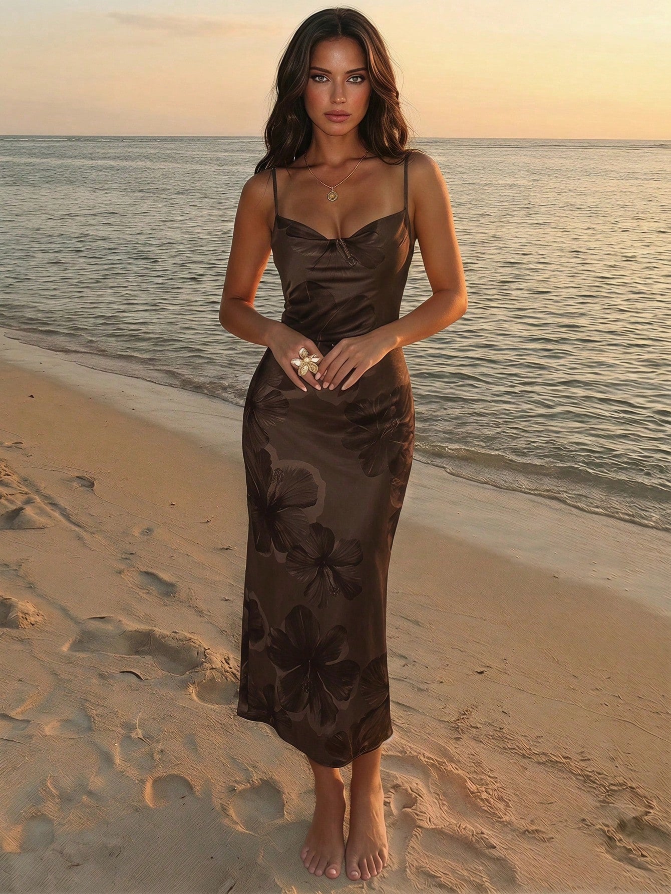 Aloruh Women's Elegant Sexy Brown Floral Hibiscus Print Spaghetti Strap Draped Neck Fitted Mermaid Maxi Dress, Vacation Autumn Holiday Outfit, Beach