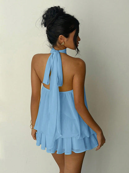 Aloruh Women's Elegant Sexy Light Blue Halter Tie Mini Dress, Summer Vacation Outfits, Wedding Party Guest Dress, Night Out Sun Dresses, Birthday Party