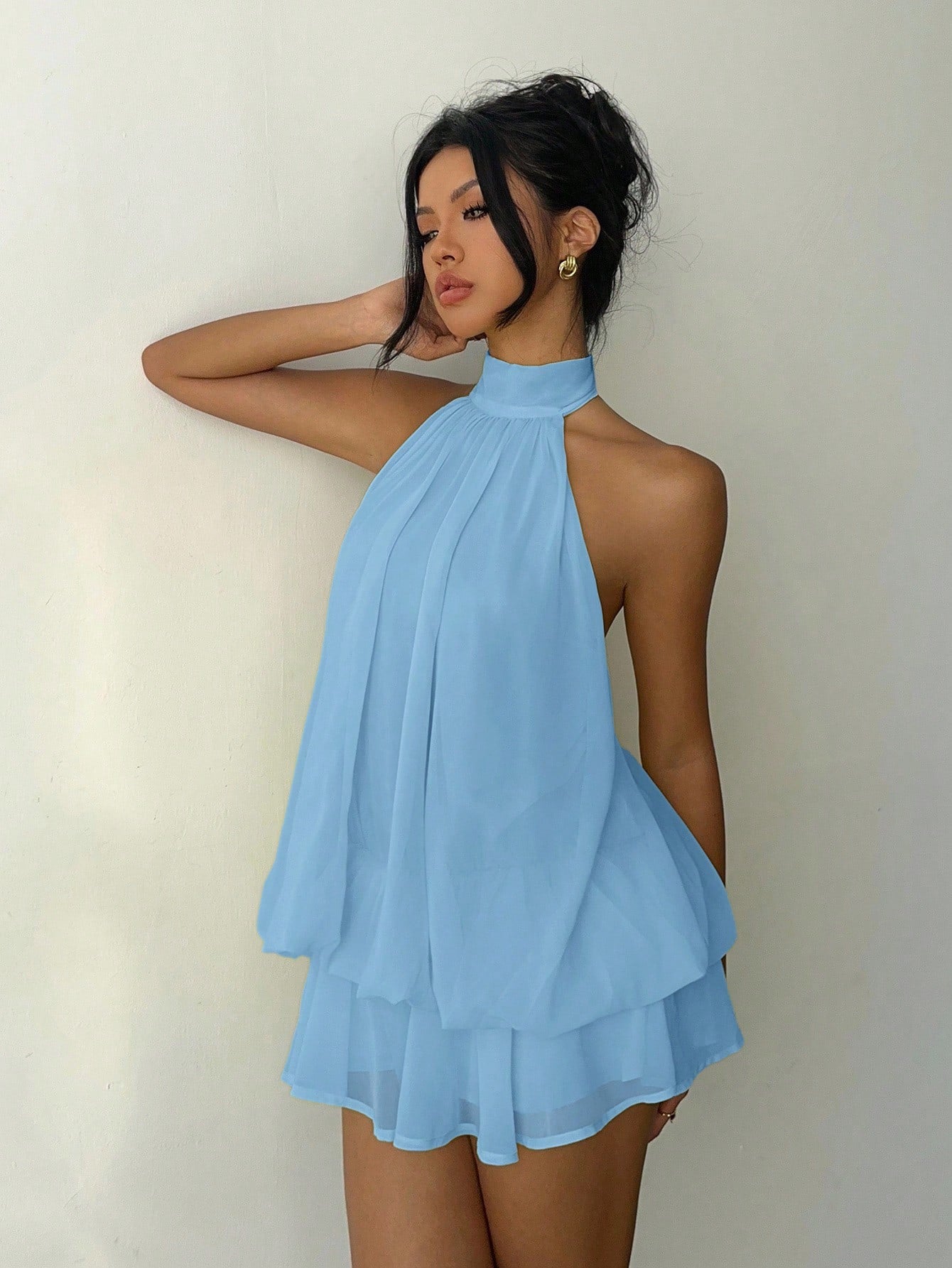 Aloruh Women's Elegant Sexy Light Blue Halter Tie Mini Dress, Summer Vacation Outfits, Wedding Party Guest Dress, Night Out Sun Dresses, Birthday Party