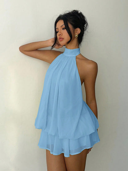 Aloruh Women's Elegant Sexy Light Blue Halter Tie Mini Dress, Summer Vacation Outfits, Wedding Party Guest Dress, Night Out Sun Dresses, Birthday Party