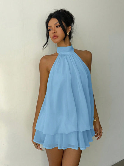 Aloruh Women's Elegant Sexy Light Blue Halter Tie Mini Dress, Summer Vacation Outfits, Wedding Party Guest Dress, Night Out Sun Dresses, Birthday Party