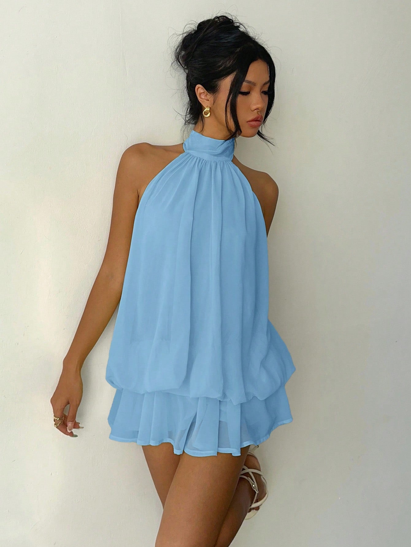 Aloruh Women's Elegant Sexy Light Blue Halter Tie Mini Dress, Summer Vacation Outfits, Wedding Party Guest Dress, Night Out Sun Dresses, Birthday Party