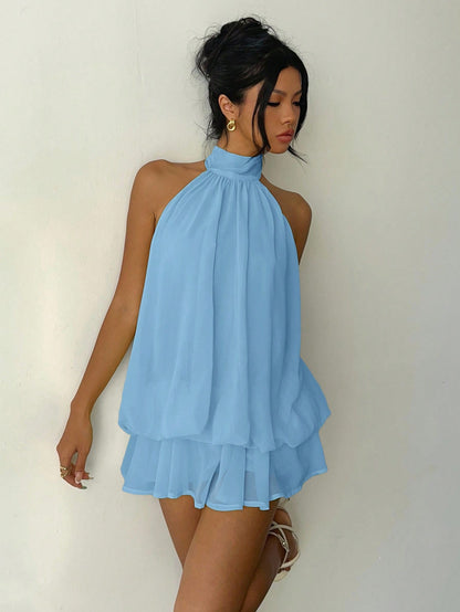 Aloruh Women's Elegant Sexy Light Blue Halter Tie Mini Dress, Summer Vacation Outfits, Wedding Party Guest Dress, Night Out Sun Dresses, Birthday Party