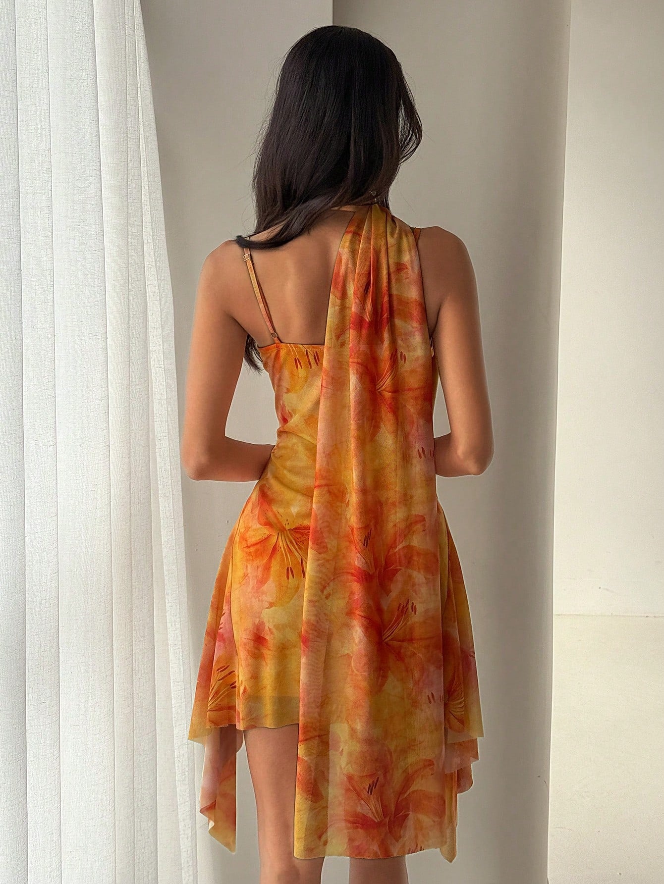 Aloruh Women's Floral Print Spaghetti Strap Mini Dress, Vacation Style,Casual Tropical Dresses For Women Vacation Beach Orange And Yellow Summer