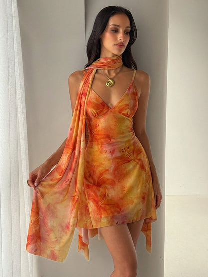 Aloruh Women's Floral Print Spaghetti Strap Mini Dress, Vacation Style,Casual Tropical Dresses For Women Vacation Beach Orange And Yellow Summer