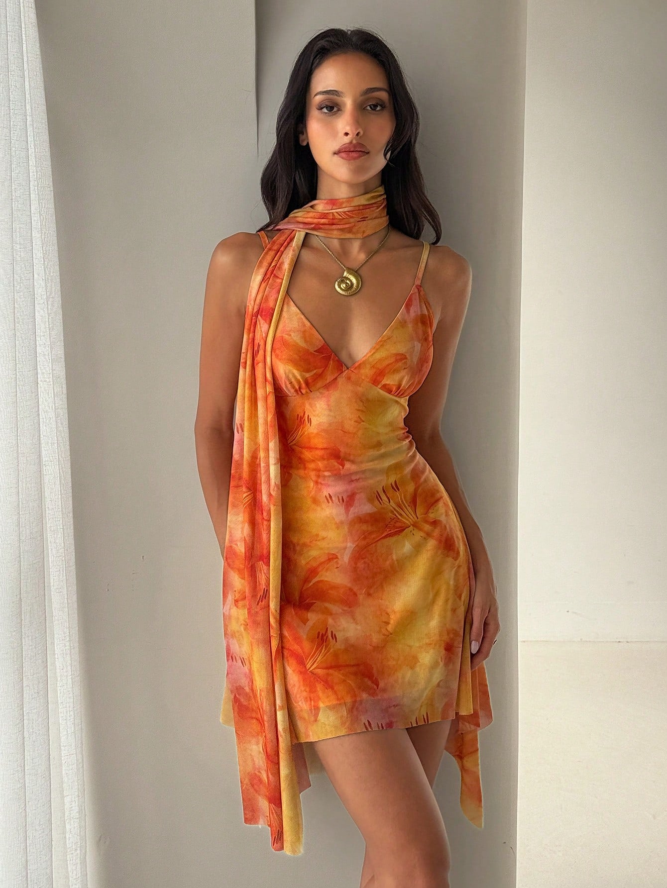Aloruh Women's Floral Print Spaghetti Strap Mini Dress, Vacation Style,Casual Tropical Dresses For Women Vacation Beach Orange And Yellow Summer