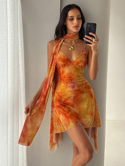 Aloruh Women's Floral Print Spaghetti Strap Mini Dress, Vacation Style,Casual Tropical Dresses For Women Vacation Beach Orange And Yellow Summer