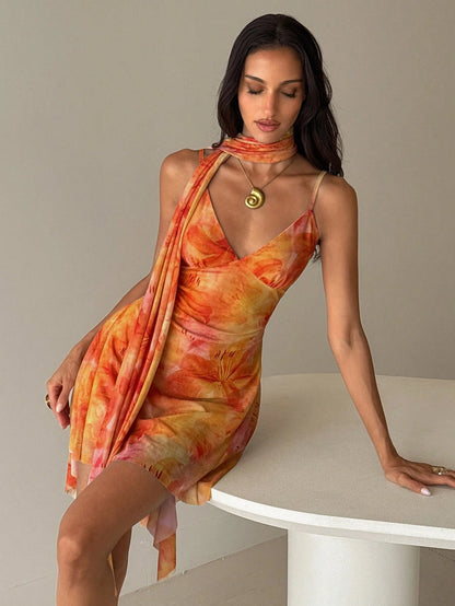 Aloruh Women's Floral Print Spaghetti Strap Mini Dress, Vacation Style,Casual Tropical Dresses For Women Vacation Beach Orange And Yellow Summer