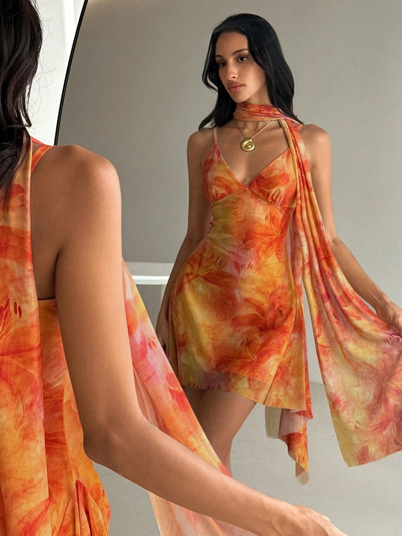 Aloruh Women's Floral Print Spaghetti Strap Mini Dress, Vacation Style,Casual Tropical Dresses For Women Vacation Beach Orange And Yellow Summer