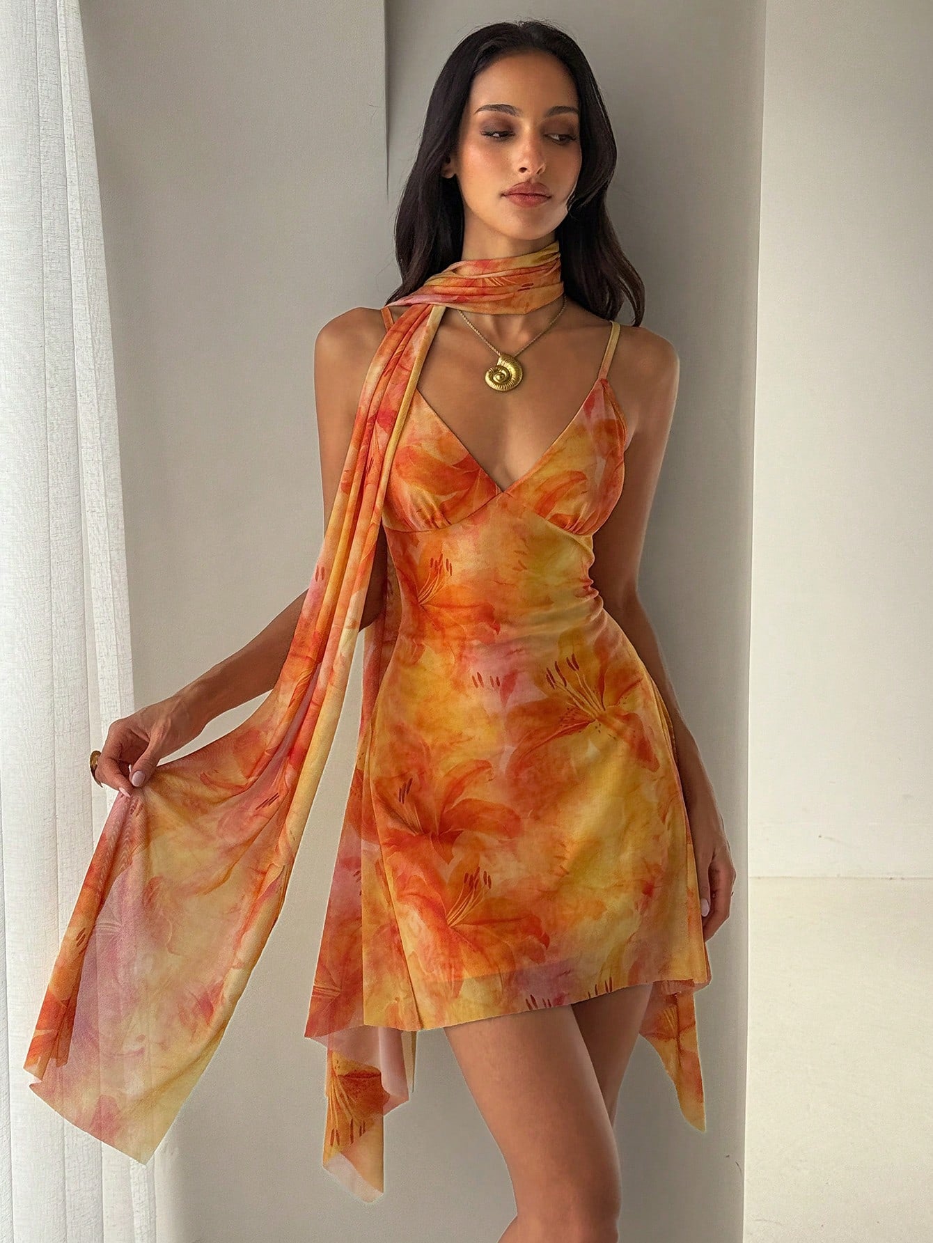 Aloruh Women's Floral Print Spaghetti Strap Mini Dress, Vacation Style,Casual Tropical Dresses For Women Vacation Beach Orange And Yellow Summer