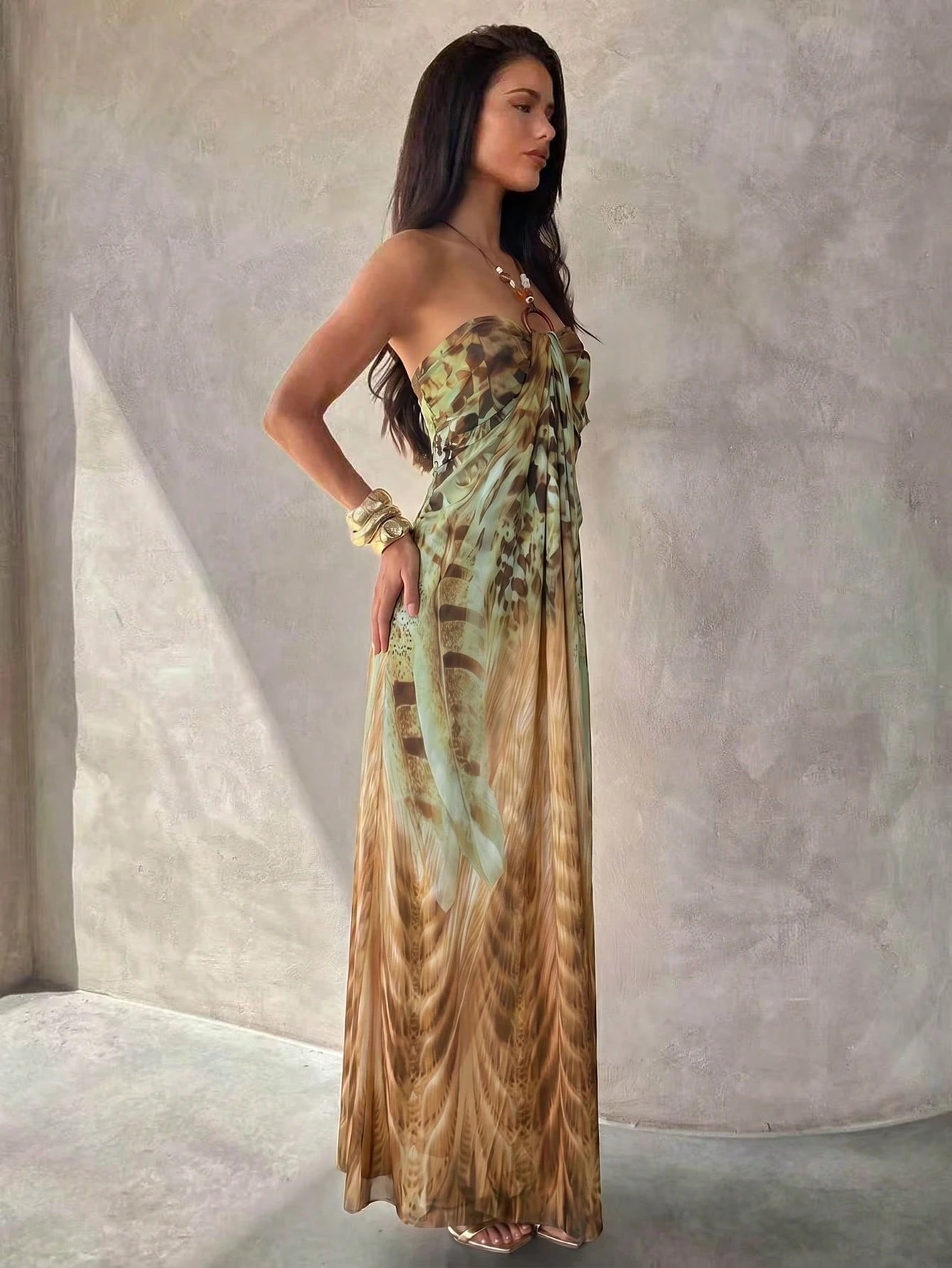Aloruh Women's Spaghetti Strap Beaded Decor Leopard Print Fitted Long Dress Beach Vacation Light Green Summer Tropical Boho
