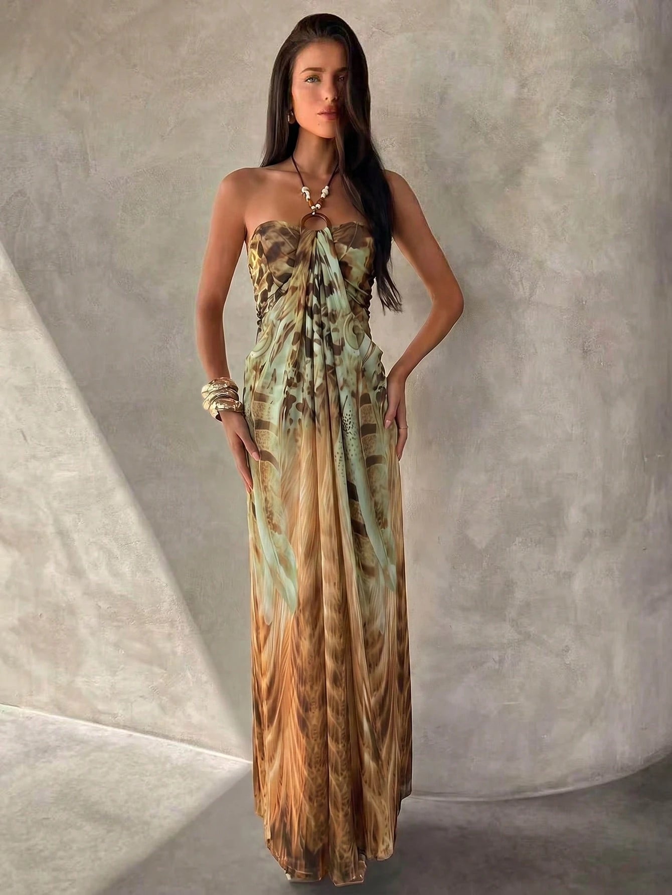 Aloruh Women's Spaghetti Strap Beaded Decor Leopard Print Fitted Long Dress Beach Vacation Light Green Summer Tropical Boho