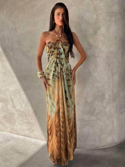 Aloruh Women's Spaghetti Strap Beaded Decor Leopard Print Fitted Long Dress Beach Vacation Light Green Summer Tropical Boho