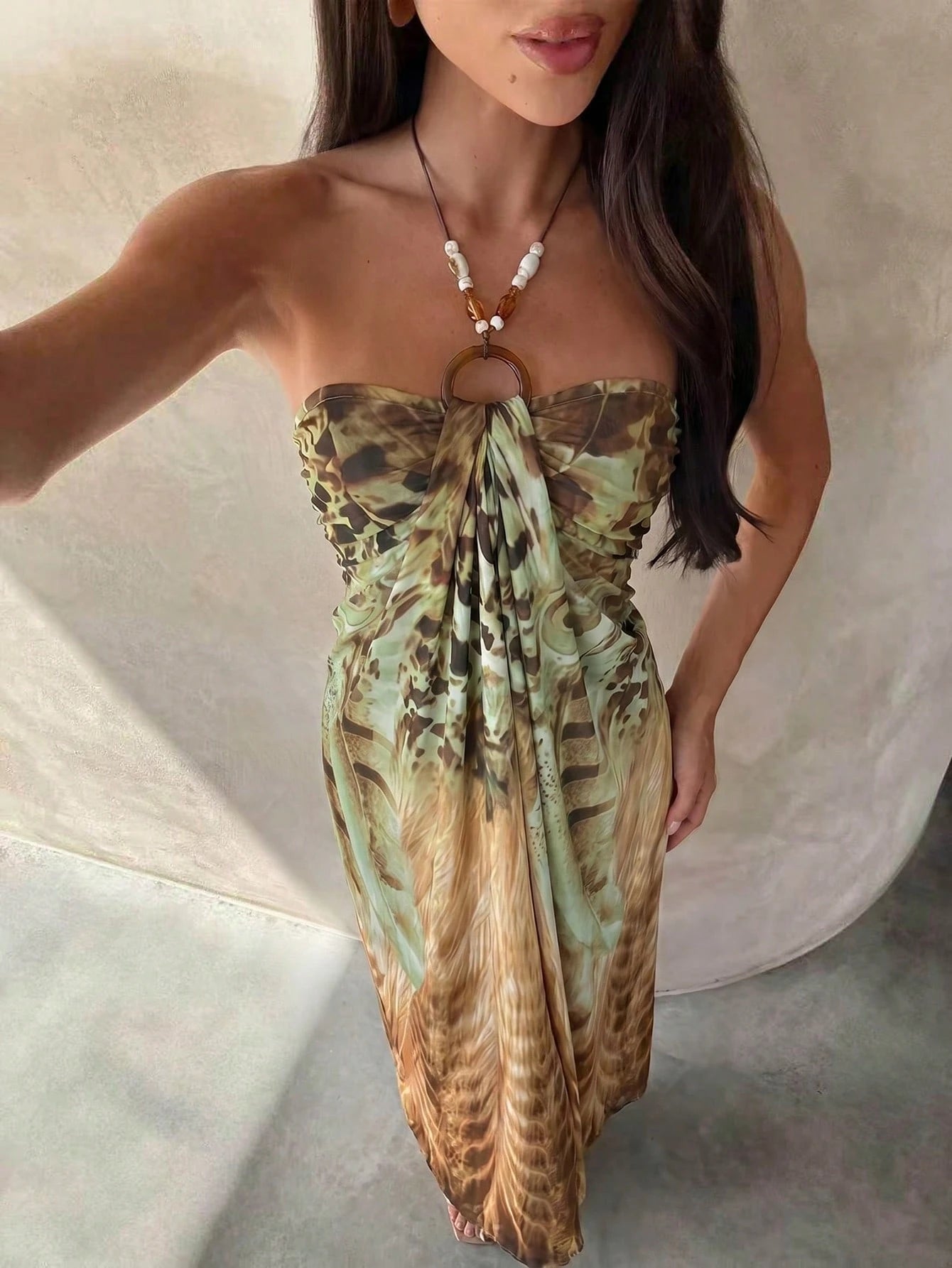 Aloruh Women's Spaghetti Strap Beaded Decor Leopard Print Fitted Long Dress Beach Vacation Light Green Summer Tropical Boho