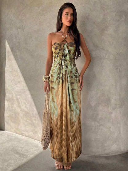Aloruh Women's Spaghetti Strap Beaded Decor Leopard Print Fitted Long Dress Beach Vacation Light Green Summer Tropical Boho