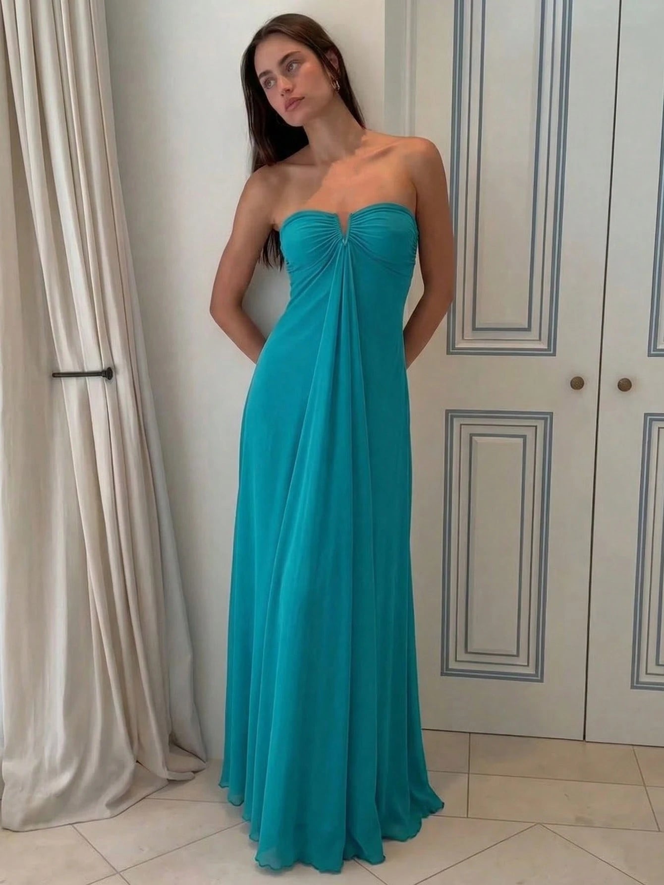 Aloruh Women's V-Neck Strapless Plunging Maxi Flowy Dress,Light Teal Summer Casual Sexy Holiday Vacation,A-Line Party Vacation Clubwear Bohemian Beach Dress