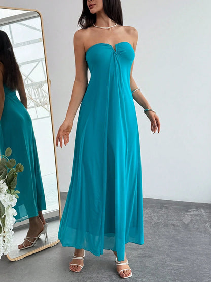 Aloruh Women's V-Neck Strapless Plunging Maxi Flowy Dress,Light Teal Summer Casual Sexy Holiday Vacation,A-Line Party Vacation Clubwear Bohemian Beach Dress