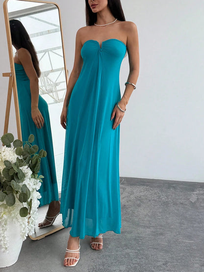 Aloruh Women's V-Neck Strapless Plunging Maxi Flowy Dress,Light Teal Summer Casual Sexy Holiday Vacation,A-Line Party Vacation Clubwear Bohemian Beach Dress