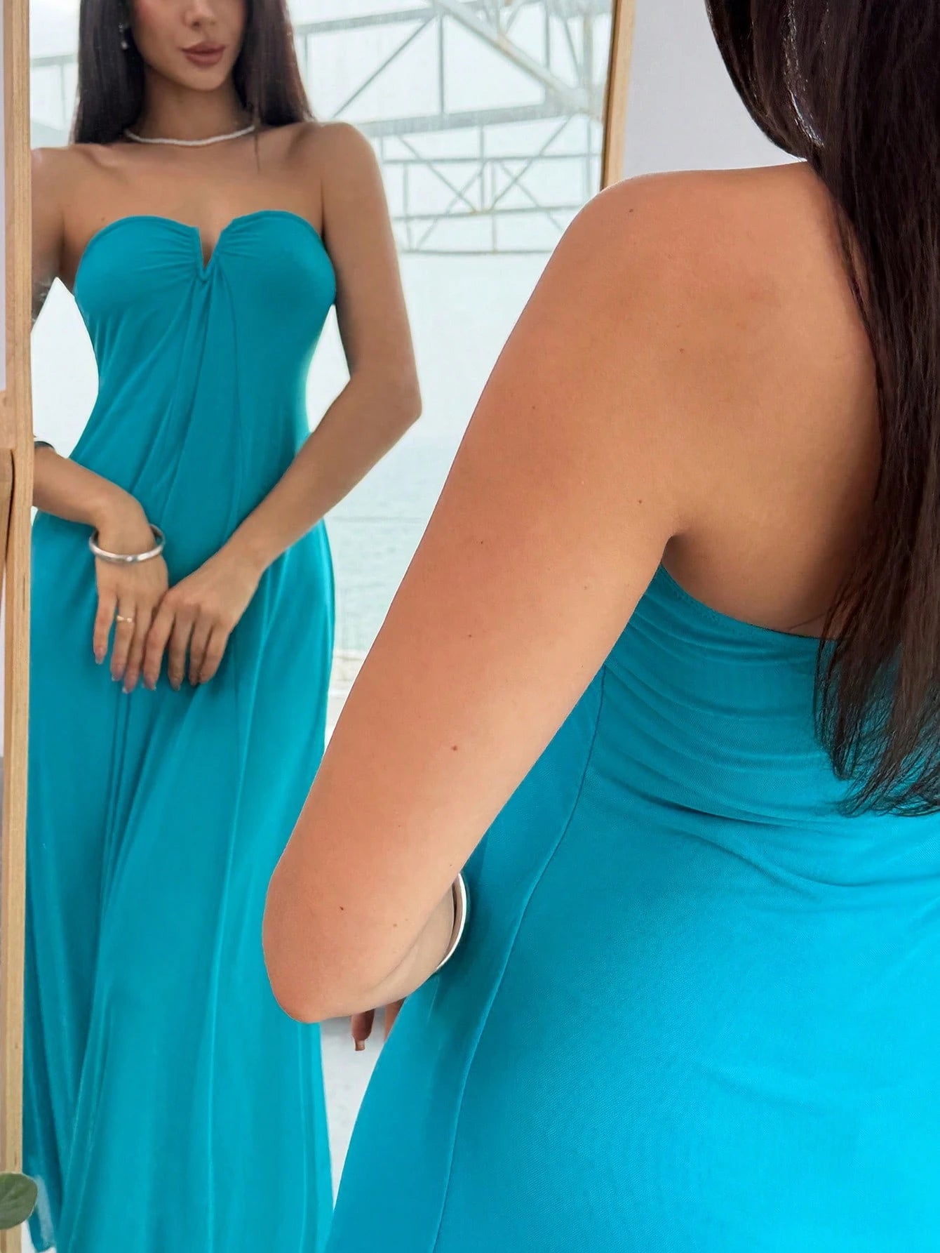 Aloruh Women's V-Neck Strapless Plunging Maxi Flowy Dress,Light Teal Summer Casual Sexy Holiday Vacation,A-Line Party Vacation Clubwear Bohemian Beach Dress