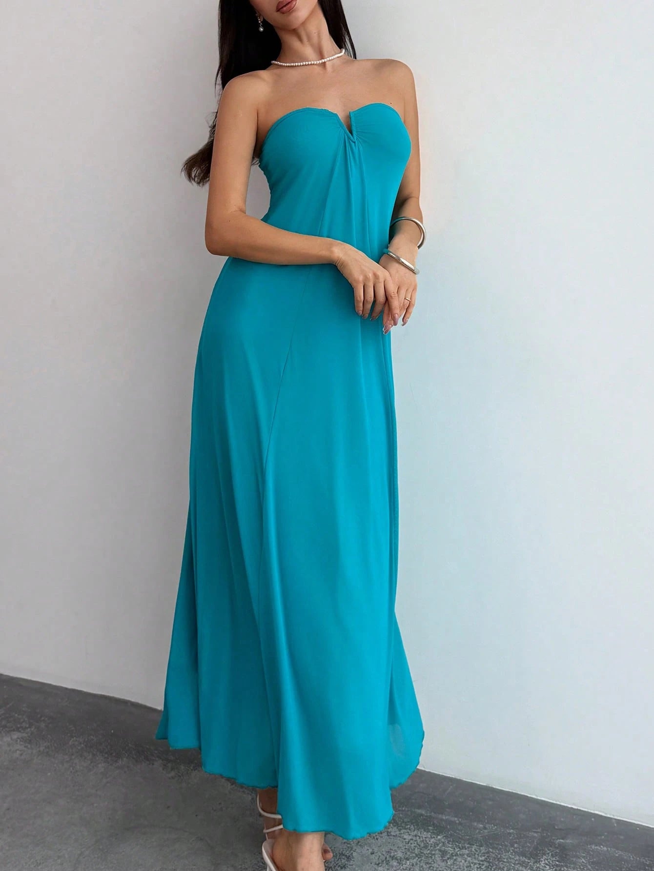 Aloruh Women's V-Neck Strapless Plunging Maxi Flowy Dress,Light Teal Summer Casual Sexy Holiday Vacation,A-Line Party Vacation Clubwear Bohemian Beach Dress