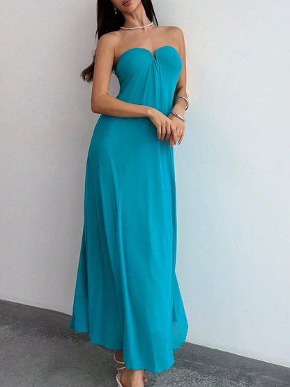 Aloruh Women's V-Neck Strapless Plunging Maxi Flowy Dress,Light Teal Summer Casual Sexy Holiday Vacation,A-Line Party Vacation Clubwear Bohemian Beach Dress