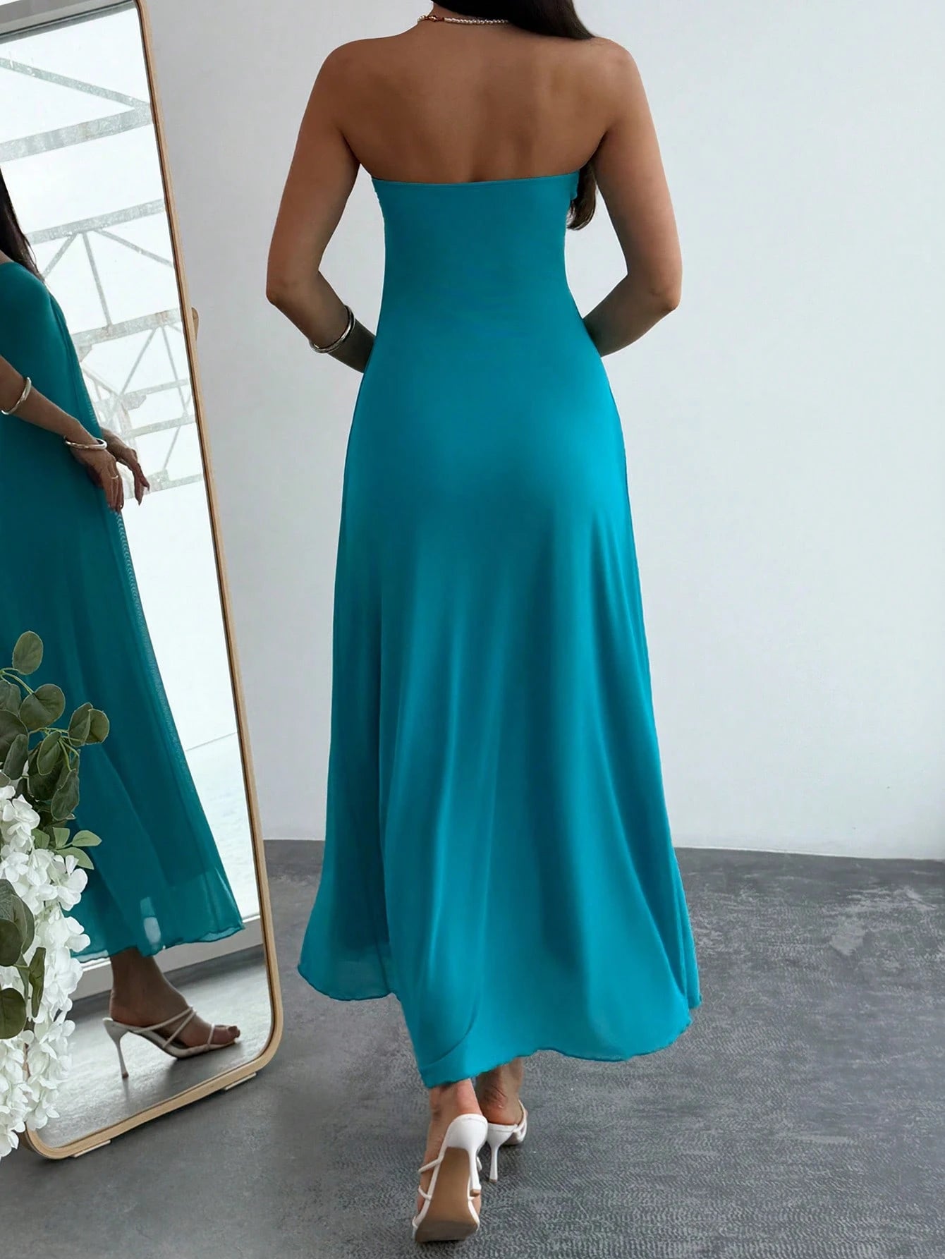 Aloruh Women's V-Neck Strapless Plunging Maxi Flowy Dress,Light Teal Summer Casual Sexy Holiday Vacation,A-Line Party Vacation Clubwear Bohemian Beach Dress