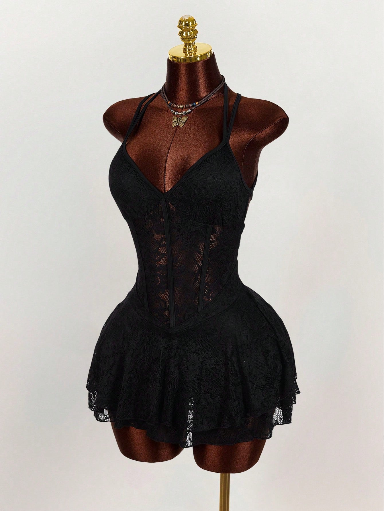 Amplova Vintage Black Sleeveless Lace Patchwork Semi-Sheer Heart-Shaped Bust Bodycon Mini Dress,Summer Techno Club Rave Outfit For Women,Party Beach Vacation