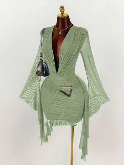 Amplova Women's Sage Green Summer Seksi Chic Party Night Long Sleeve Mesh Mini Dress,Fitted Ruffle Design Halter Neck Dress For New Year Christmas Halloween