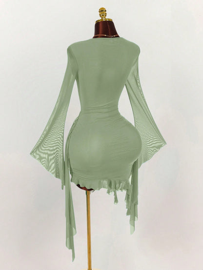 Amplova Women's Sage Green Summer Seksi Chic Party Night Long Sleeve Mesh Mini Dress,Fitted Ruffle Design Halter Neck Dress For New Year Christmas Halloween