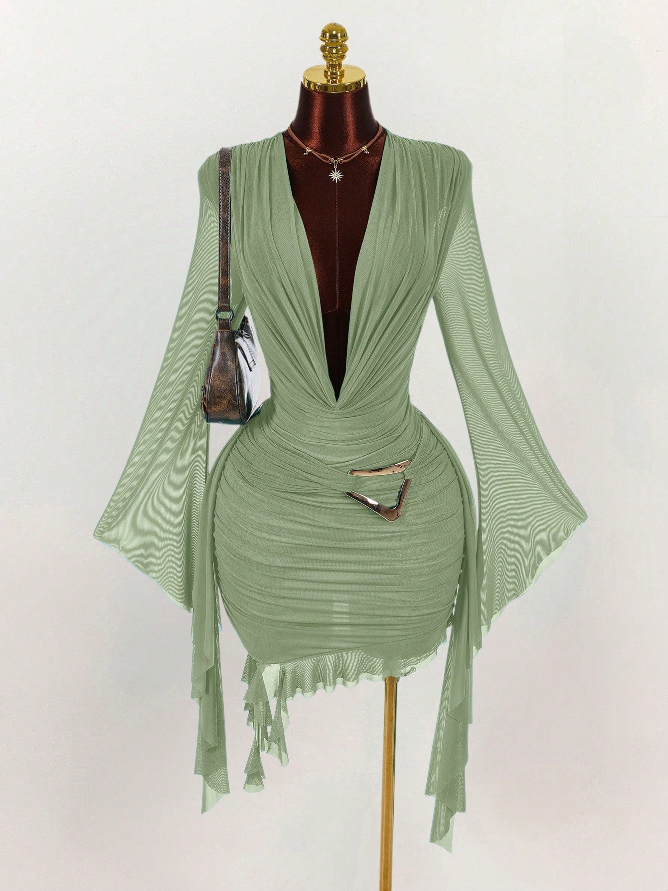 Amplova Women's Sage Green Summer Seksi Chic Party Night Long Sleeve Mesh Mini Dress,Fitted Ruffle Design Halter Neck Dress For New Year Christmas Halloween