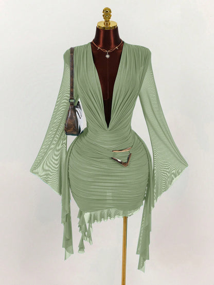 Amplova Women's Sage Green Summer Seksi Chic Party Night Long Sleeve Mesh Mini Dress,Fitted Ruffle Design Halter Neck Dress For New Year Christmas Halloween