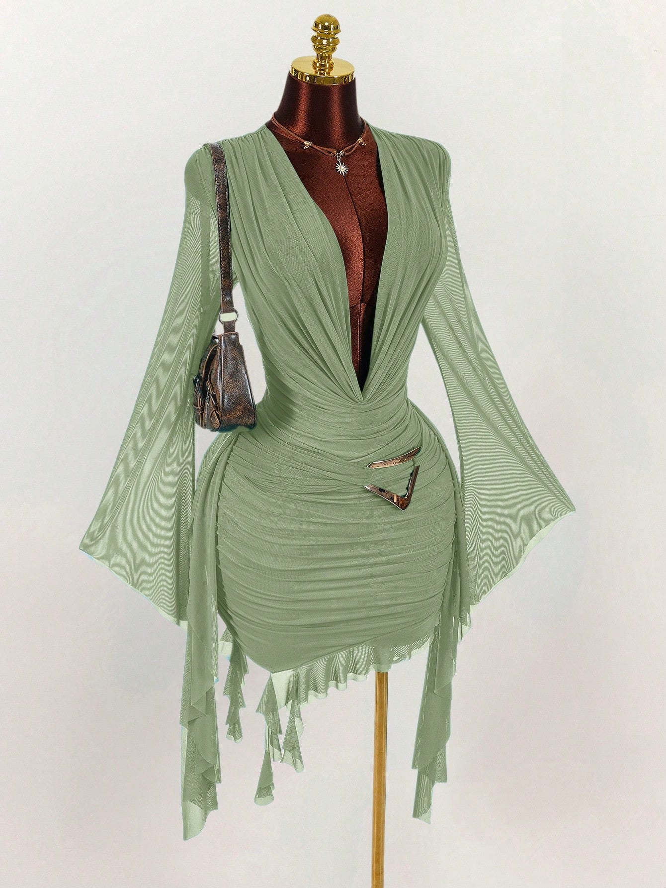 Amplova Women's Sage Green Summer Seksi Chic Party Night Long Sleeve Mesh Mini Dress,Fitted Ruffle Design Halter Neck Dress For New Year Christmas Halloween