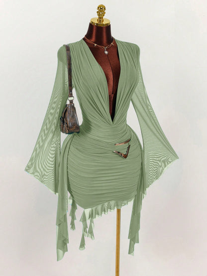 Amplova Women's Sage Green Summer Seksi Chic Party Night Long Sleeve Mesh Mini Dress,Fitted Ruffle Design Halter Neck Dress For New Year Christmas Halloween
