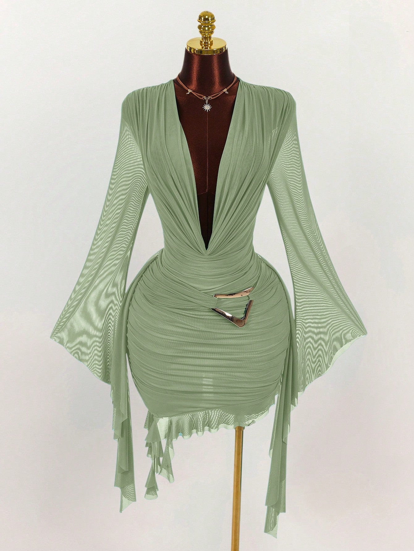 Amplova Women's Sage Green Summer Seksi Chic Party Night Long Sleeve Mesh Mini Dress,Fitted Ruffle Design Halter Neck Dress For New Year Christmas Halloween