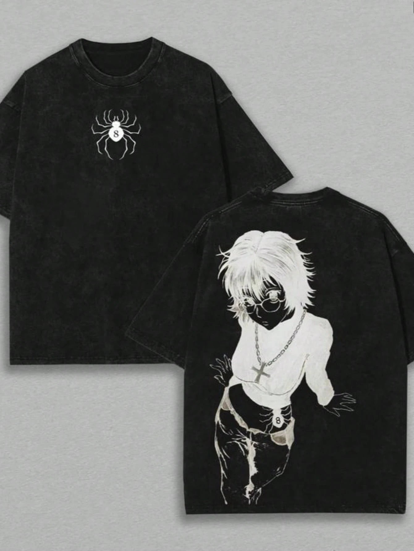 Anime Shizuku, Phantom Troupe Double-Print Retro Washed T-Shirt, Unisex Loose-Fitting Heavyweight Cotton T-Shirt