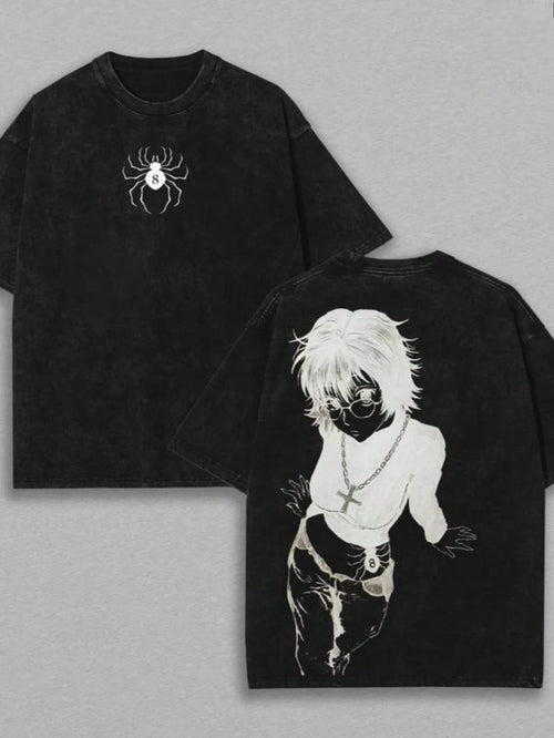 Anime Shizuku, Phantom Troupe Double-Print Retro Washed T-Shirt, Unisex Loose-Fitting Heavyweight Cotton T-Shirt