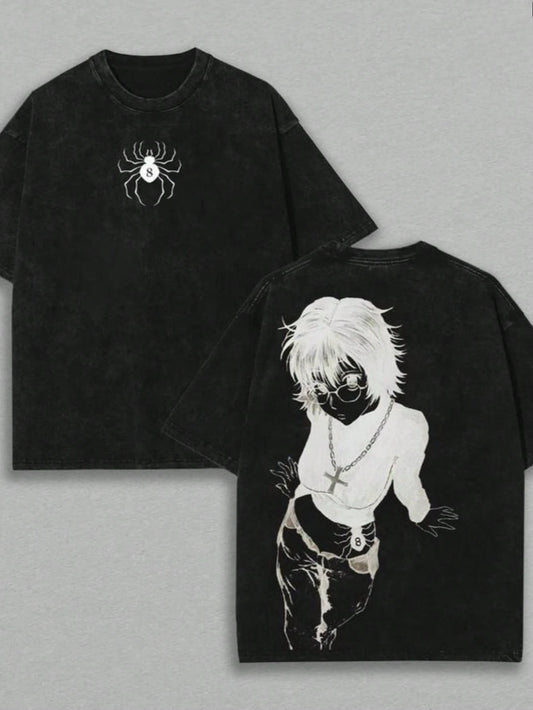 Anime Shizuku, Phantom Troupe Double-Print Retro Washed T-Shirt, Unisex Loose-Fitting Heavyweight Cotton T-Shirt