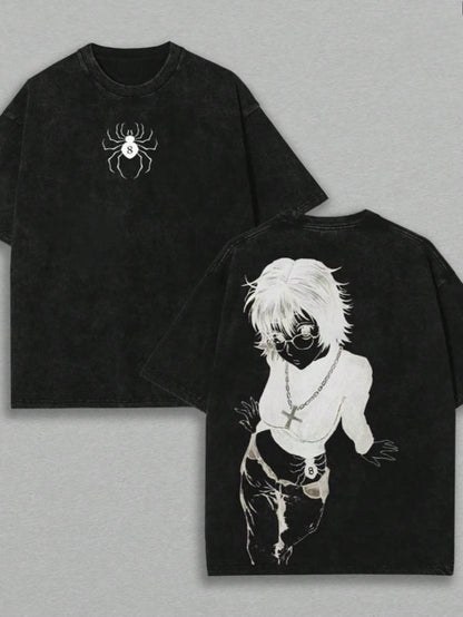 Anime Shizuku, Phantom Troupe Double-Print Retro Washed T-Shirt, Unisex Loose-Fitting Heavyweight Cotton T-Shirt