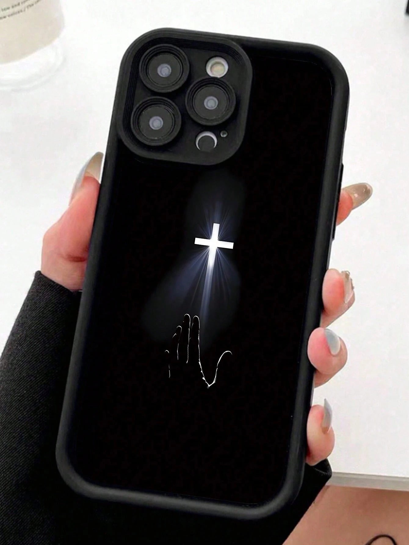 Apple Jesus 1pc Black Cross Pattern Reinforced Anti-Shock Anti-Fall Anti-Fingerprint Protective Phone Case Compatible With Iphone 15/15 Plus/15 Pro/15 Pro Max/11/12/13/14 Pro Max/XS/XR/11 Pro/11 Pro M