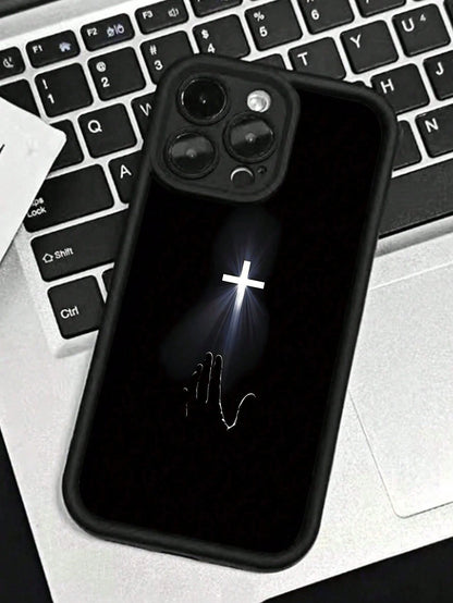 Apple Jesus 1pc Black Cross Pattern Reinforced Anti-Shock Anti-Fall Anti-Fingerprint Protective Phone Case Compatible With Iphone 15/15 Plus/15 Pro/15 Pro Max/11/12/13/14 Pro Max/XS/XR/11 Pro/11 Pro M