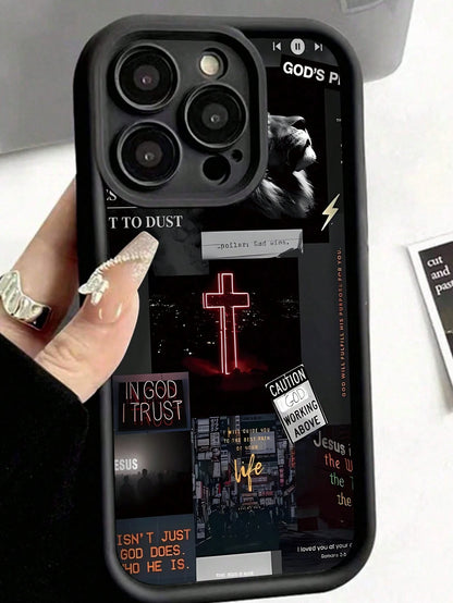 Apple Jesus 1pc Black Cross Pattern Reinforced Anti-Shock Anti-Fall Anti-Fingerprint Protective Phone Case Compatible With Iphone 15/15 Plus/15 Pro/15 Pro Max/11/12/13/14 Pro Max/XS/XR/11 Pro/11 Pro M
